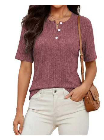 SWQZVT Womens Tops Short Sleeve Casual Henley Shirts Spring Dressy Soft Sweaters Loose Knit Blouse